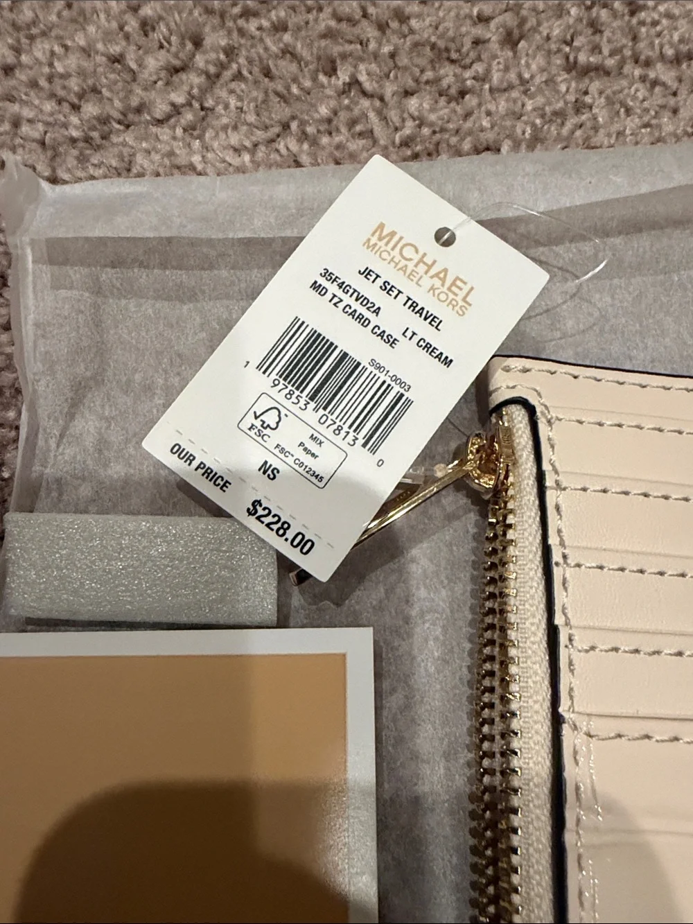 Michael Kors Cream Croc-Embossed Card Wallet with Gold Logo